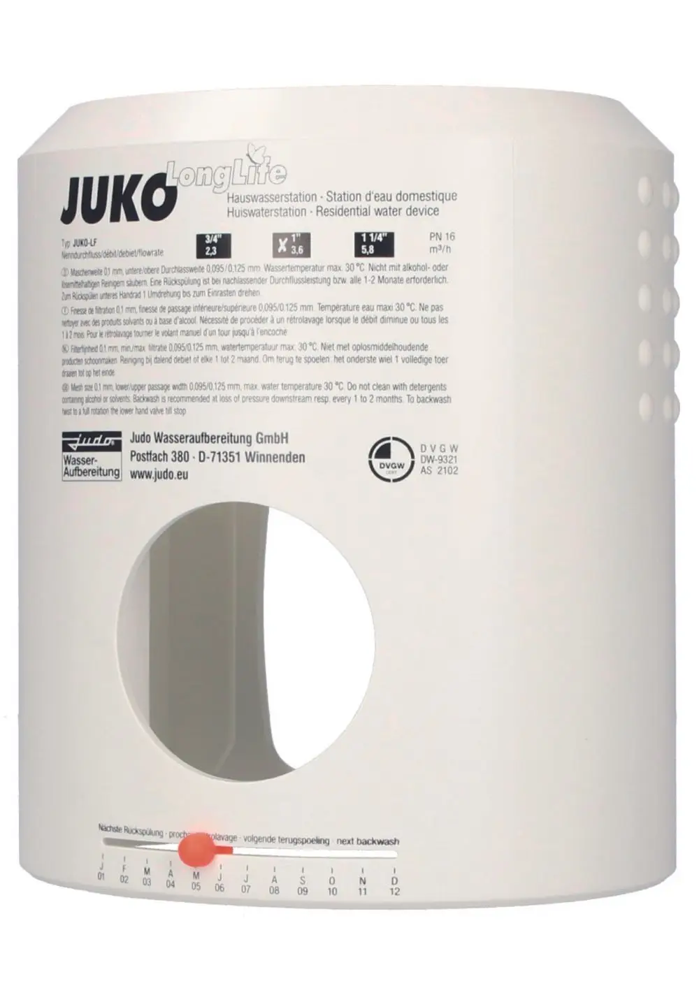 Weiße Abdeckung für eine Wasserstation von Judo. Auf der Vorderseite sind Bedienhinweise und ein roter Zeiger für den nächsten Rückspülzeitpunkt sichtbar.